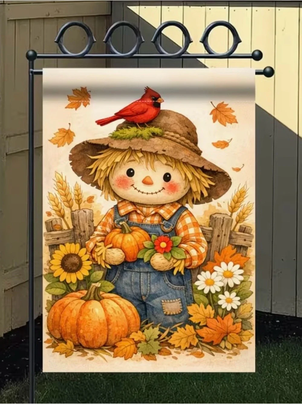 Cute Autumn Scarecrow Garden Flag with Cardinal and Pumpkins Sunflowers Leaves